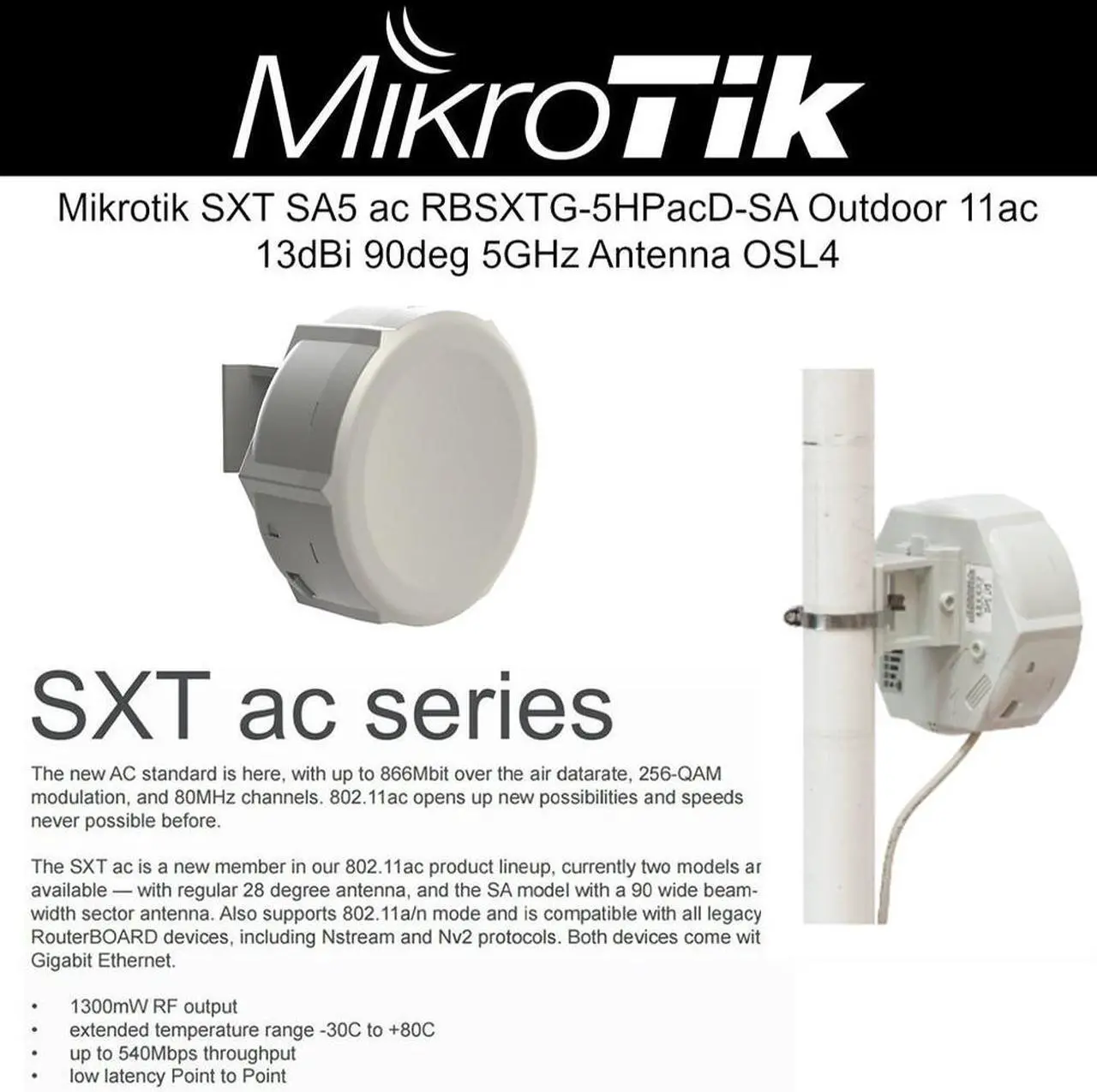 Main image of MikroTik - RBSXTG-5HPACD-SA - RouterBOARD SXTG with Dual Chain 802.11ac Radio, 13 dBi 90deg 5GHz Integrated Antenna,
