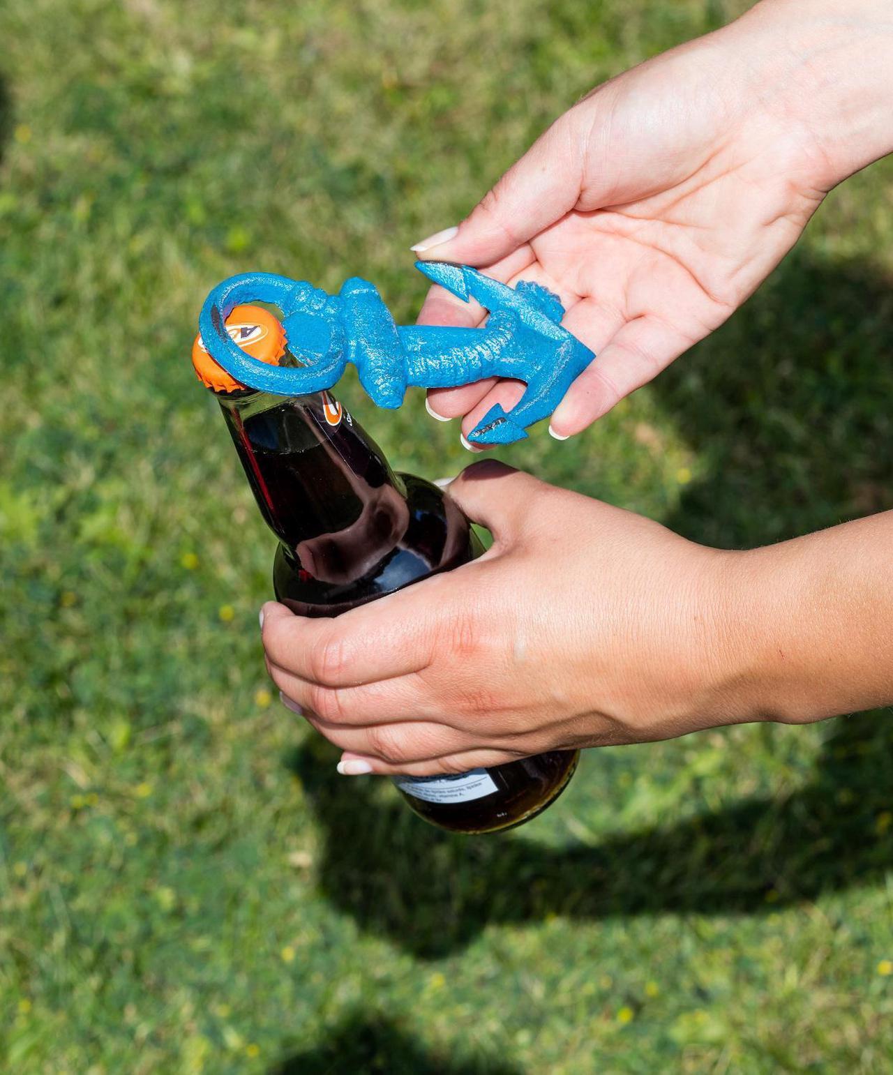 Alt view image 3 of 3 - Anchor and Rope Bottle Opener Handheld Blue Cast Iron Distressed Finish