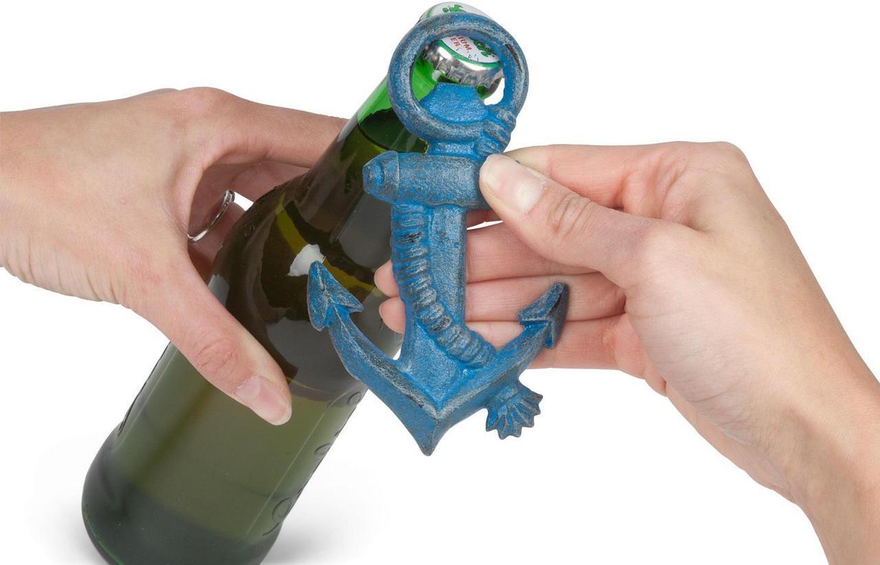 Alt view image 2 of 3 - Anchor and Rope Bottle Opener Handheld Blue Cast Iron Distressed Finish