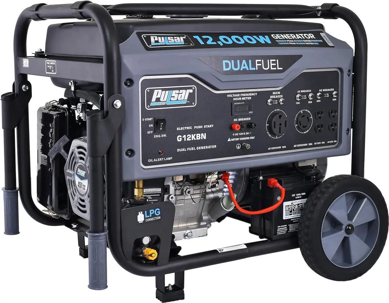 Alt view image 2 of 7 - Pulsar G12KBN-SG Heavy Duty Portable Dual Fuel Generator - 9500 Rated Watts & 12000 Peak Watts - Gas & LPG - Electric Start - Transfer Switch & RV Ready - CARB Compliant