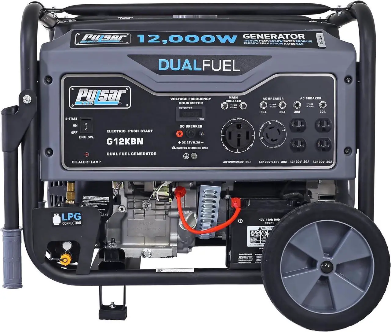 Main image of Pulsar G12KBN-SG Heavy Duty Portable Dual Fuel Generator - 9500 Rated Watts & 12000 Peak Watts - Gas & LPG - Electric Start - Transfer Switch & RV Ready - CARB Compliant