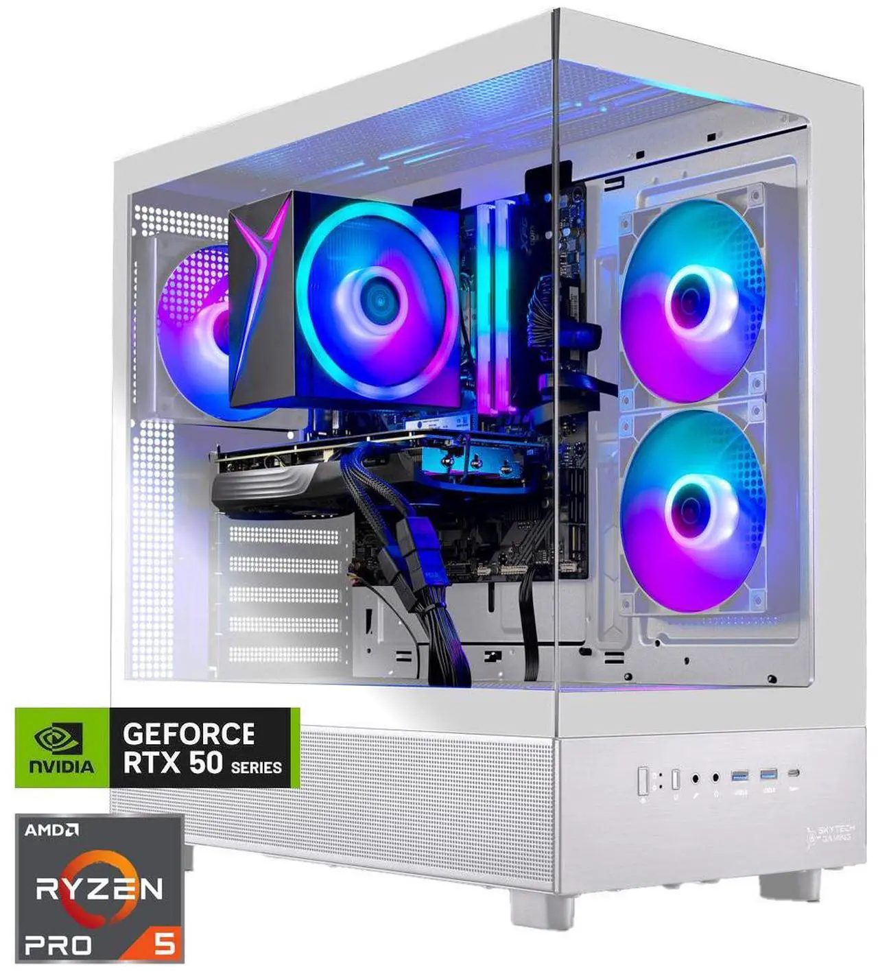 Main image of Skytech Azure Gaming PC Desktop, Ryzen 5 7600 3.8 GHz (5.1GHz Turbo), NVIDIA RTX 5060 8GB, 1TB NVMe SSD, 32GB DDR5 RAM 5200 RGB, 650W GOLD PSU, Wi-Fi, Win 11,Montech XR