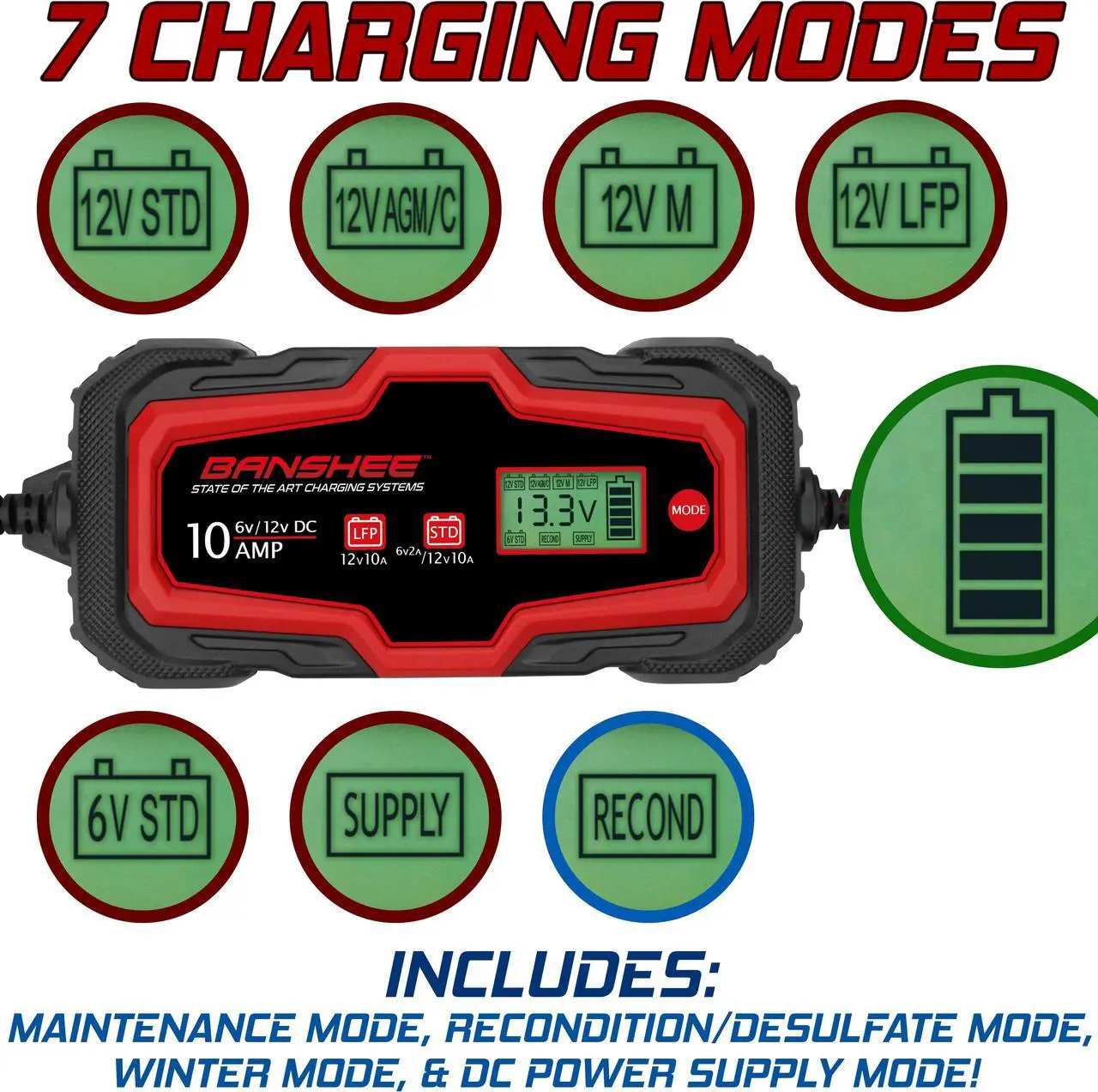 Alt view image 4 of 7 - 10A Banshee Smart Car Battery Charger, Maintainer, & Reconditioner/Desulfator for 6V/12V AGM Gel Wet Battery Vehicles