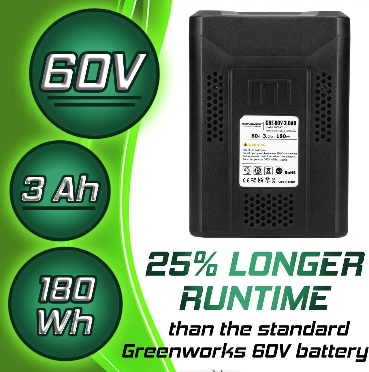 Alt view image 3 of 6 - 60V 3.0Ah for Greenworks Pro 60V Max Lithium Ion Battery LB60A00 LB60A02 LB60A03