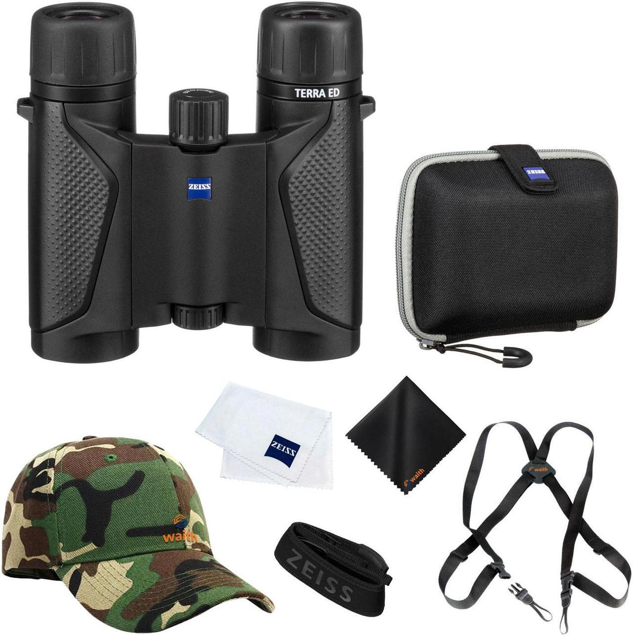 Main image of Zeiss 8x25 Terra ED Pocket Binoculars For Bird Watching (Black) with Waith Binocular Comfort Carrying Harness Strap, Adjustable Camo Baseball Hat and Waith Microfiber Lens Cleaning Cloth (Bundle Set)