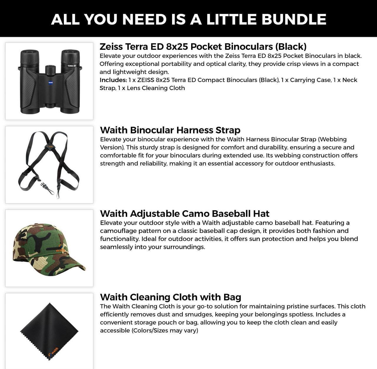 Alt view image 2 of 6 - Zeiss 8x25 Terra ED Pocket Binoculars For Bird Watching (Black) with Waith Binocular Comfort Carrying Harness Strap, Adjustable Camo Baseball Hat and Waith Microfiber Lens Cleaning Cloth (Bundle Set)