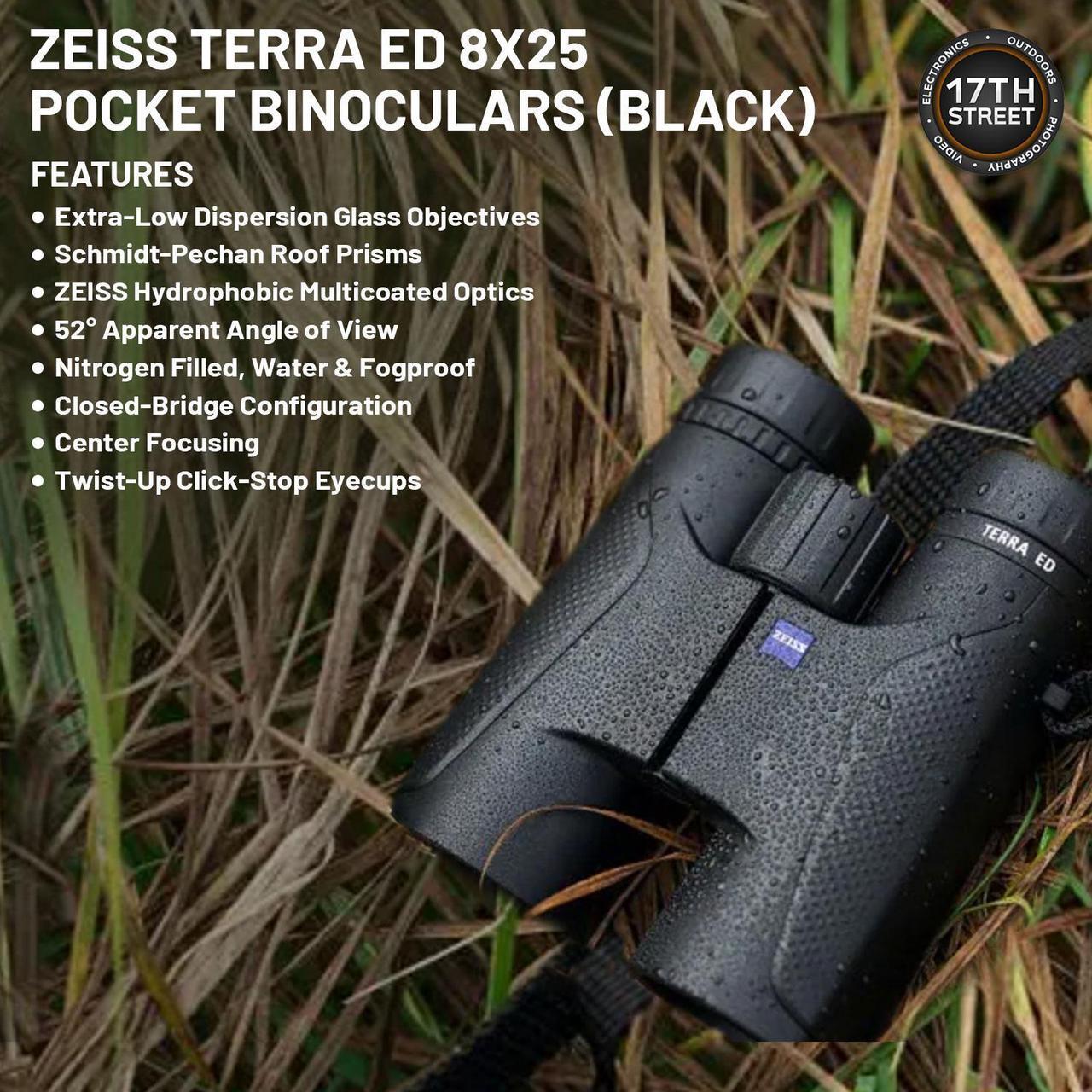 Alt view image 4 of 6 - Zeiss 8x25 Terra ED Pocket Binoculars For Bird Watching (Black) with Waith Binocular Comfort Carrying Harness Strap, Adjustable Camo Baseball Hat and Waith Microfiber Lens Cleaning Cloth (Bundle Set)