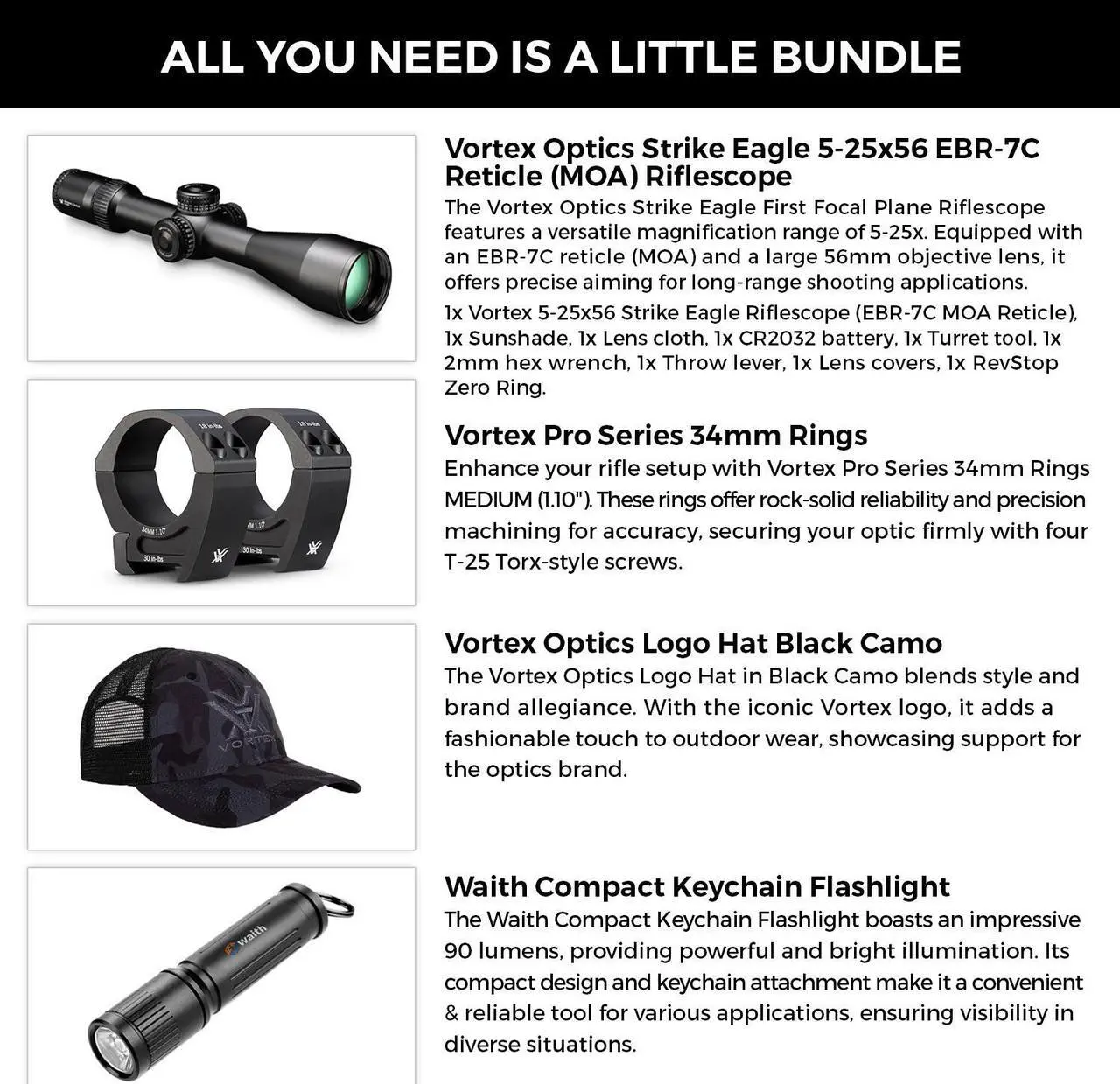 Alt view image 2 of 7 - Vortex Optics Strike Eagle 5-25x56 FFP EBR-7C MOA Riflescope with Vortex Pro Riflescope 34mm Rings, Vortex Logo Hat Camo Black and Waith Compact Flashlight Keychain (Bundle Set)