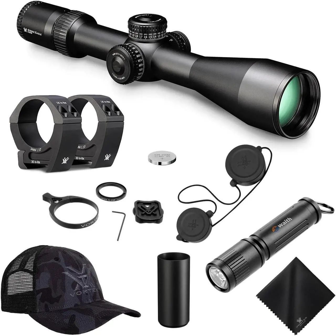 Main image of Vortex Optics Strike Eagle 5-25x56 FFP EBR-7C MOA Riflescope with Vortex Pro Riflescope 34mm Rings, Vortex Logo Hat Camo Black and Waith Compact Flashlight Keychain (Bundle Set)