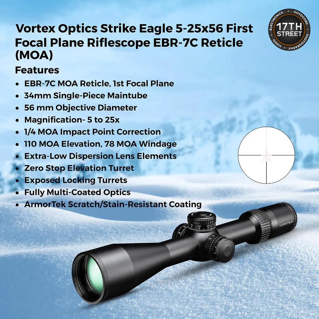 Alt view image 4 of 7 - Vortex Optics Strike Eagle 5-25x56 FFP EBR-7C MOA Riflescope with Vortex Pro Riflescope 34mm Rings, Vortex Logo Hat Camo Black and Waith Compact Flashlight Keychain (Bundle Set)
