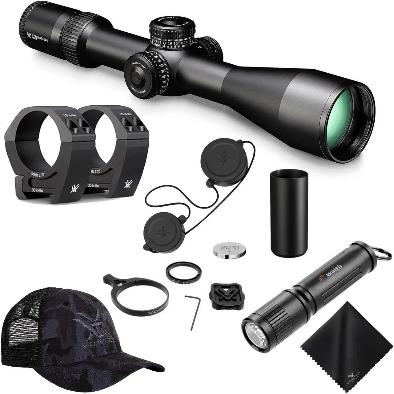 Main image of Vortex Optics Strike Eagle 5-25x56 FFP EBR-7C MRAD Riflescope with Vortex Pro Riflescope 34mm Rings, Vortex Logo Hat Camo Black and Waith Compact Flashlight Keychain (Bundle Set)