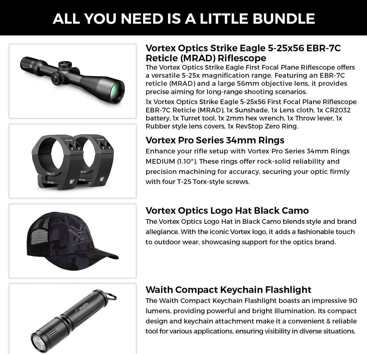 Alt view image 2 of 7 - Vortex Optics Strike Eagle 5-25x56 FFP EBR-7C MRAD Riflescope with Vortex Pro Riflescope 34mm Rings, Vortex Logo Hat Camo Black and Waith Compact Flashlight Keychain (Bundle Set)