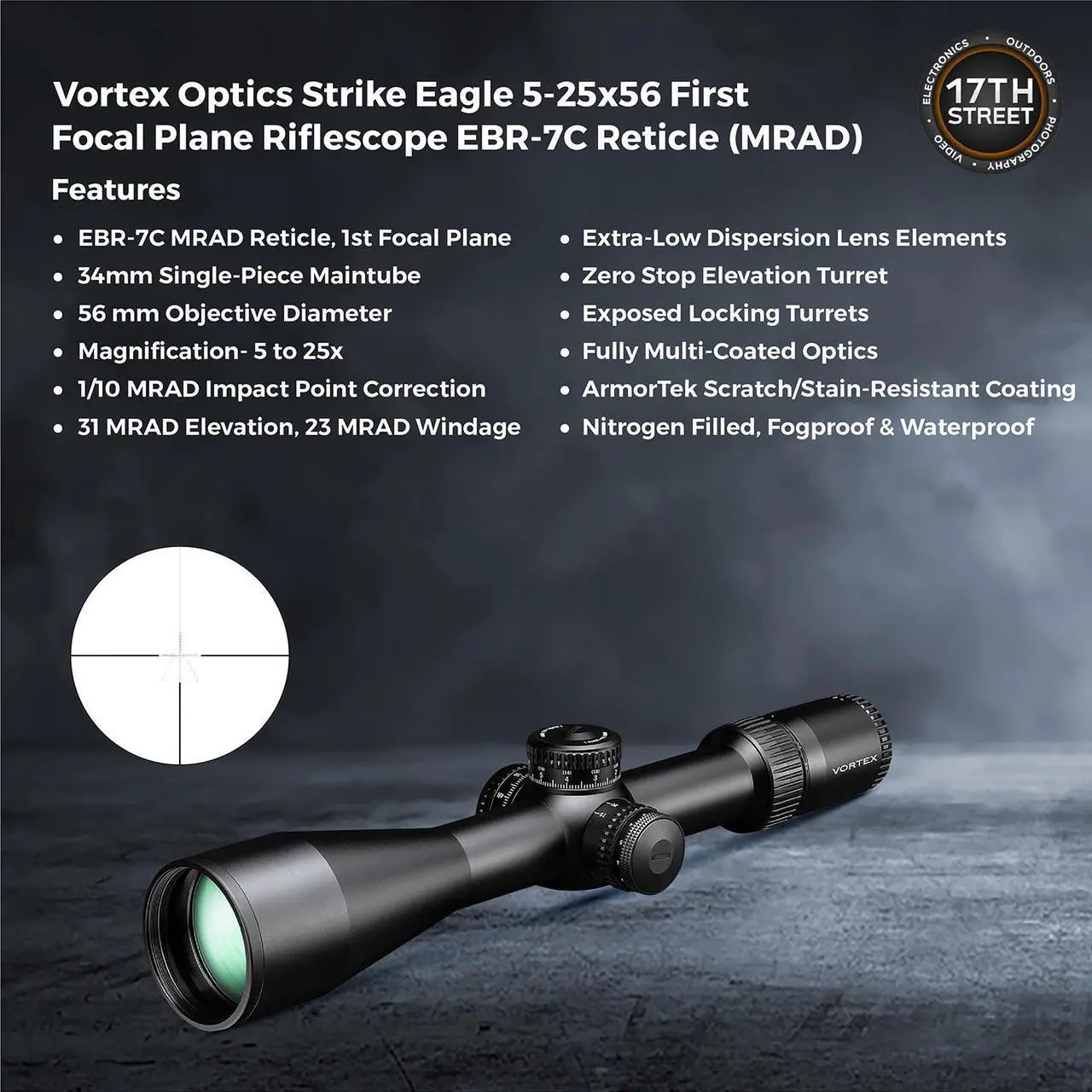 Alt view image 5 of 7 - Vortex Optics Strike Eagle 5-25x56 FFP EBR-7C MRAD Riflescope with Vortex Pro Riflescope 34mm Rings, Vortex Logo Hat Camo Black and Waith Compact Flashlight Keychain (Bundle Set)