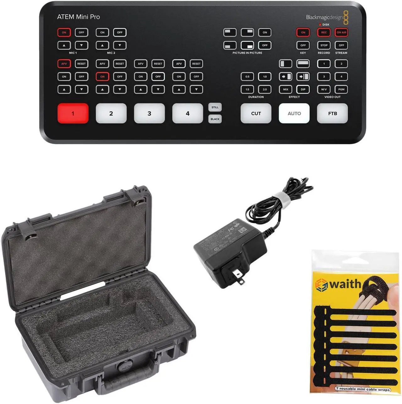 Main image of Blackmagic Design ATEM Mini Pro 4-Channel HDMI Live Stream Switcher with SKB iSeries Hard Case for Mini Pro Switcher and Waith 3.5" (Pack of 7) Mini Cable Wraps for Cords (Black) (Bundle Set)