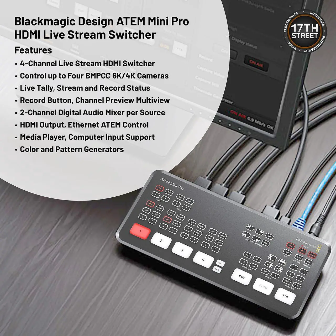 Alt view image 4 of 7 - Blackmagic Design ATEM Mini Pro 4-Channel HDMI Live Stream Switcher with SKB iSeries Hard Case for Mini Pro Switcher and Waith 3.5" (Pack of 7) Mini Cable Wraps for Cords (Black) (Bundle Set)