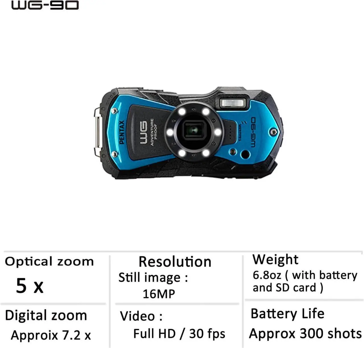 Alt view image 4 of 4 - PENTAX WG-90 Blue Waterproof Camera, Shockproof, Dustproof, Freezeproof, Built-in 6-LED Ring Light for Macro Photography