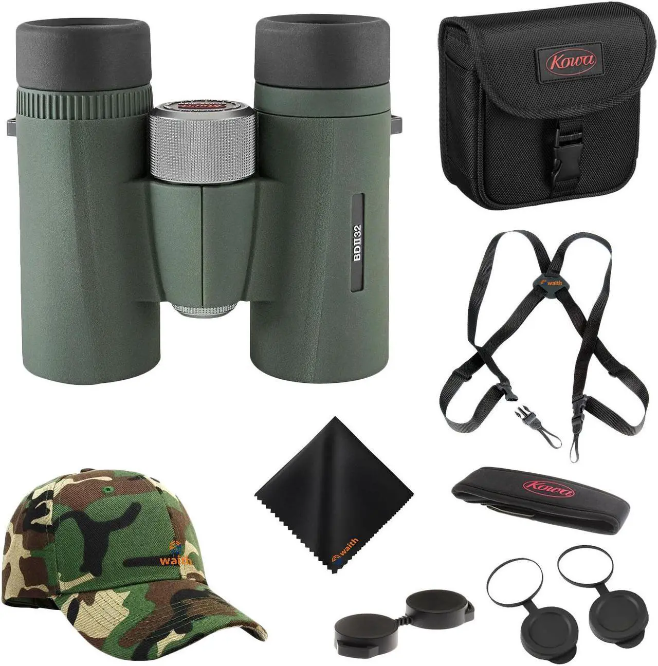 Main image of Kowa BD II XD 8x32mm PROMINAR Roof Prism Binoculars for Bird Watching, Hiking with Waith Adjustable Baseball Hat (Camo),Waith Binocular Harness Strap and Waith Microfiber Cleaning Cloth (Bundle Kit)