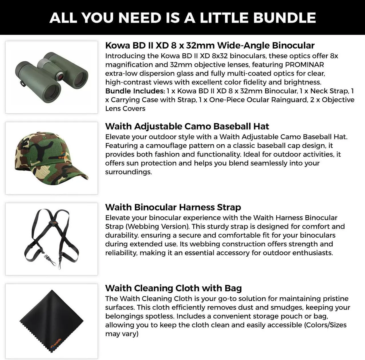 Alt view image 2 of 6 - Kowa BD II XD 8x32mm PROMINAR Roof Prism Binoculars for Bird Watching, Hiking with Waith Adjustable Baseball Hat (Camo),Waith Binocular Harness Strap and Waith Microfiber Cleaning Cloth (Bundle Kit)