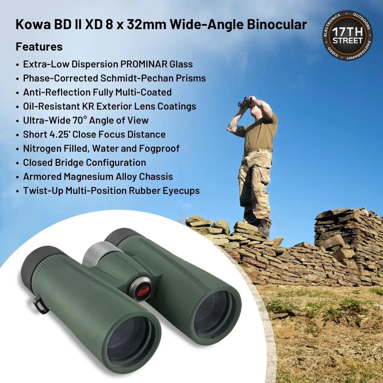 Alt view image 4 of 6 - Kowa BD II XD 8x32mm PROMINAR Roof Prism Binoculars for Bird Watching, Hiking with Waith Adjustable Baseball Hat (Camo),Waith Binocular Harness Strap and Waith Microfiber Cleaning Cloth (Bundle Kit)
