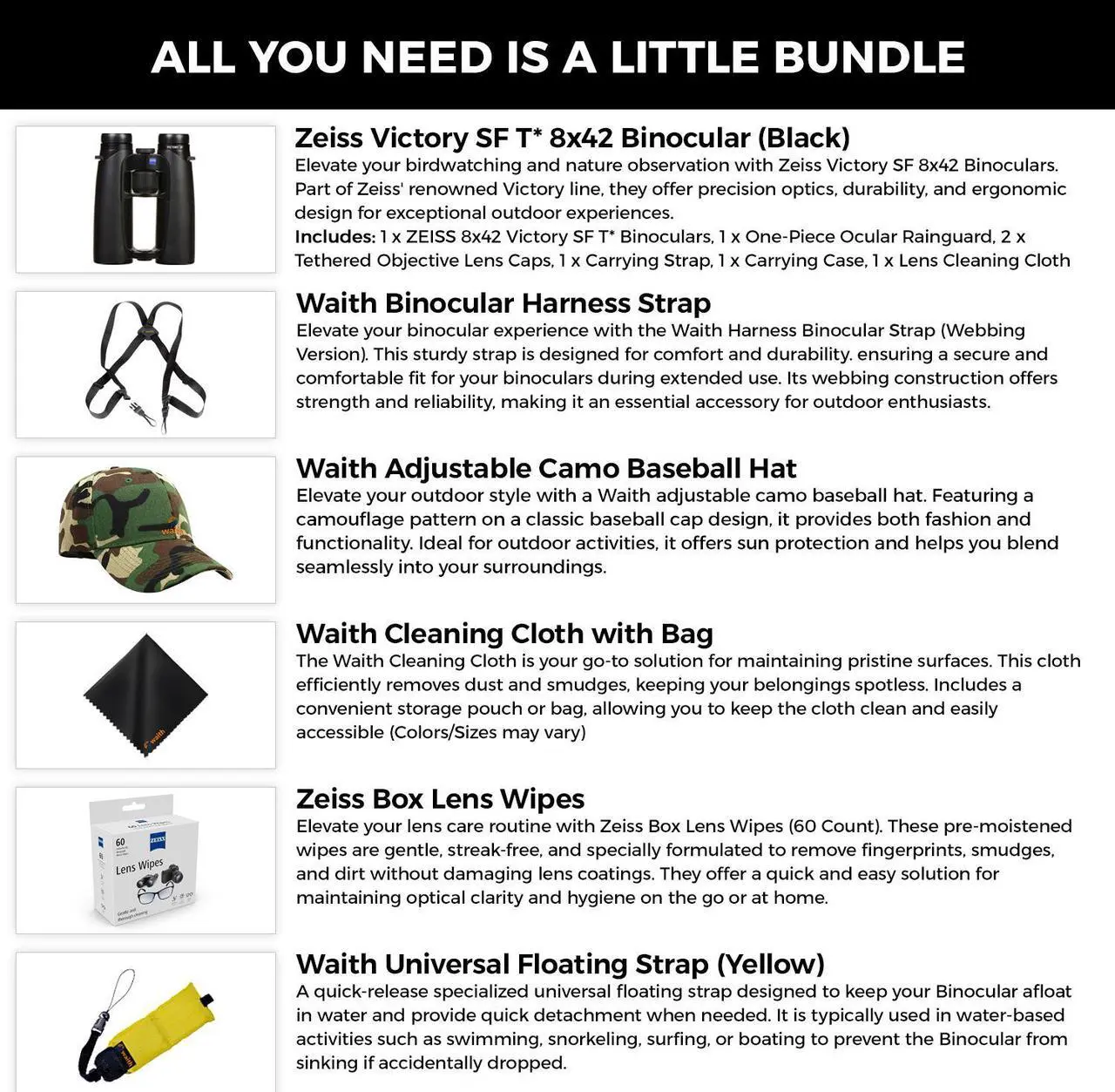 Alt view image 2 of 5 - Zeiss 8x42 Victory SF Binoculars For Bird Watching (Black) with Waith Harness Strap, Waith Camo Baseball Hat, Waith Cleaning Cloth, Zeiss Lens Wipes Box and Waith Floating Strap (Yellow) (Bundle Set)