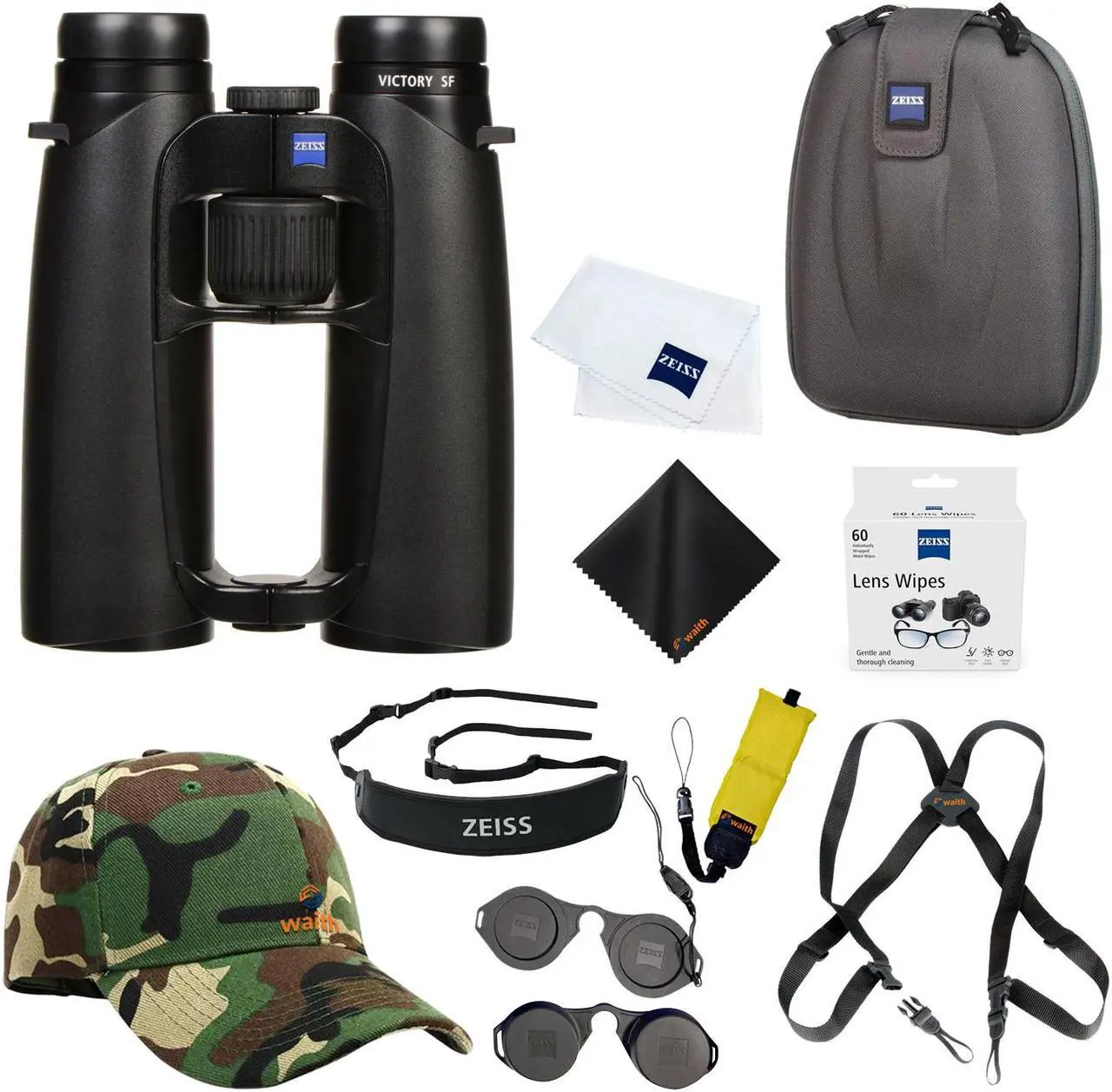 Main image of Zeiss 8x42 Victory SF Binoculars For Bird Watching (Black) with Waith Harness Strap, Waith Camo Baseball Hat, Waith Cleaning Cloth, Zeiss Lens Wipes Box and Waith Floating Strap (Yellow) (Bundle Set)