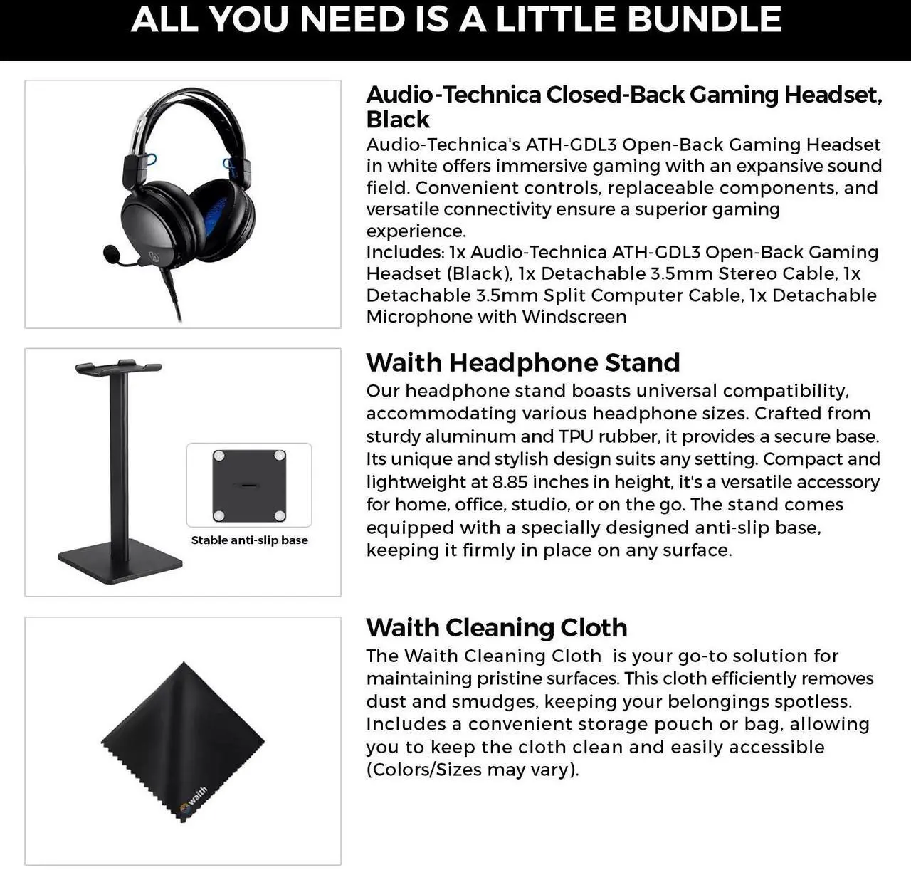 Alt view image 6 of 6 - Audio-Technica ATH-GL3 Hi-Fi Closed-Back Gaming Headset (Black) + Headset Stand