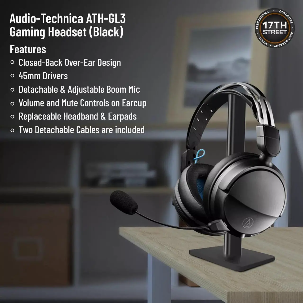 Alt view image 5 of 6 - Audio-Technica ATH-GL3 Hi-Fi Closed-Back Gaming Headset (Black) + Headset Stand