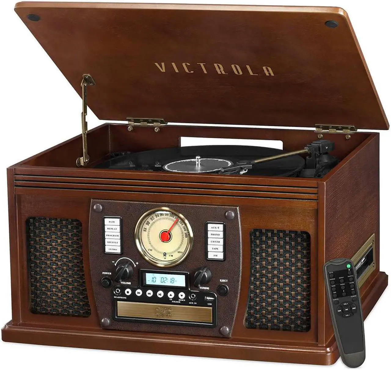 Alt view image 3 of 6 - victrola nostalgic aviator wood 8in1 bluetooth turntable entertainment center, espresso
