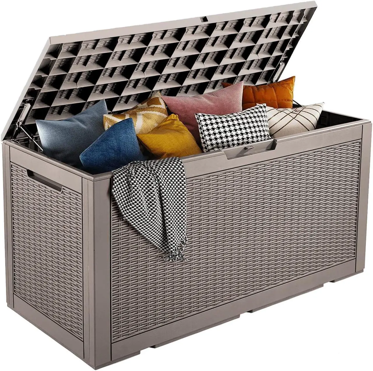 Main image of 100 Gallons Deck Box Storage Box Waterproof Outdoor Storage Box Bench with keyhole for Garden Pool Patio Storage,Tan