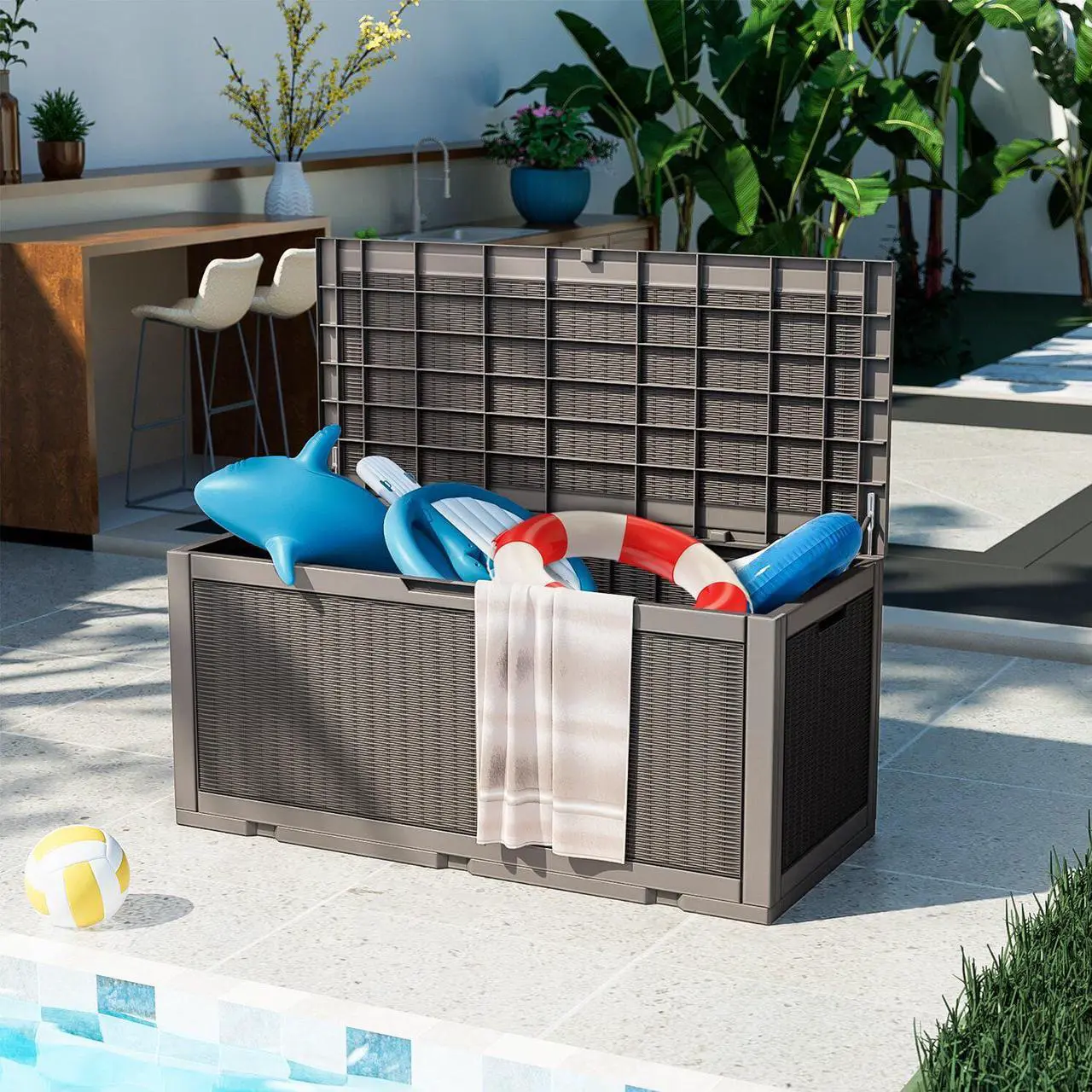 Alt view image 2 of 7 - 100 Gallons Deck Box Storage Box Waterproof Outdoor Storage Box Bench with keyhole for Garden Pool Patio Storage,Tan