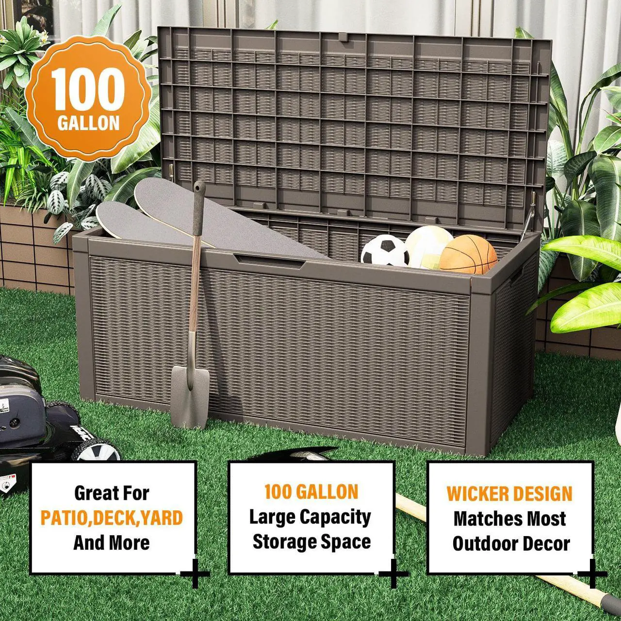 Alt view image 6 of 7 - 100 Gallons Deck Box Storage Box Waterproof Outdoor Storage Box Bench with keyhole for Garden Pool Patio Storage,Tan