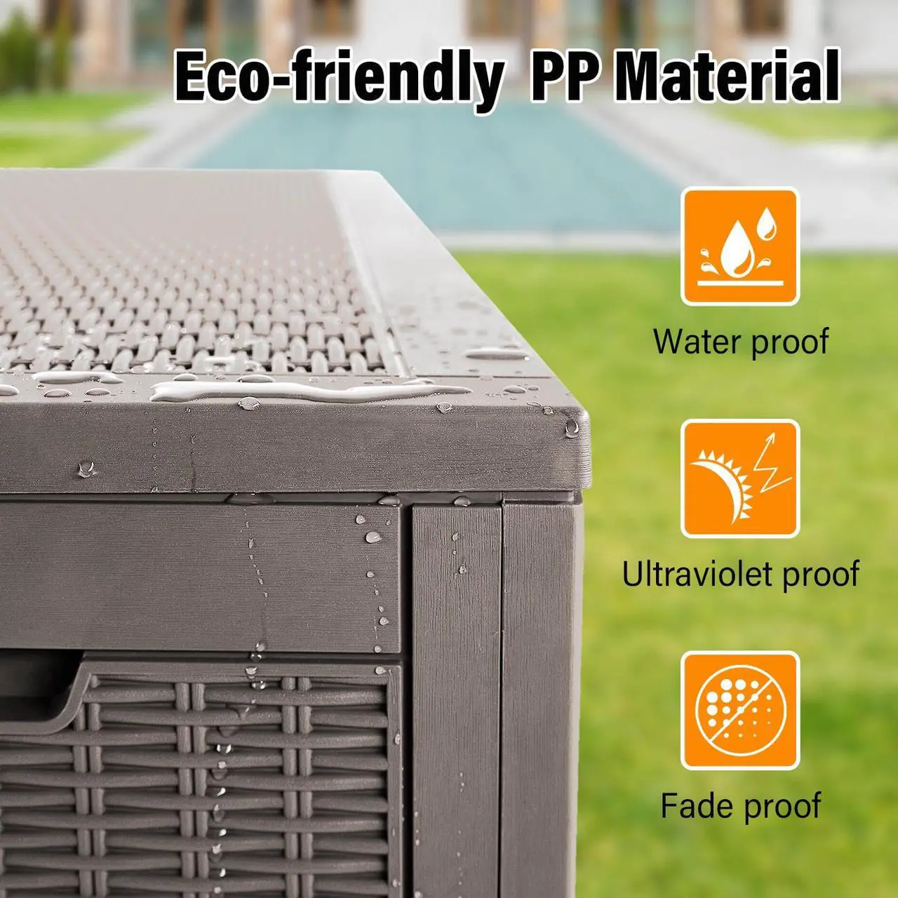 Alt view image 5 of 7 - 100 Gallons Deck Box Storage Box Waterproof Outdoor Storage Box Bench with keyhole for Garden Pool Patio Storage,Tan