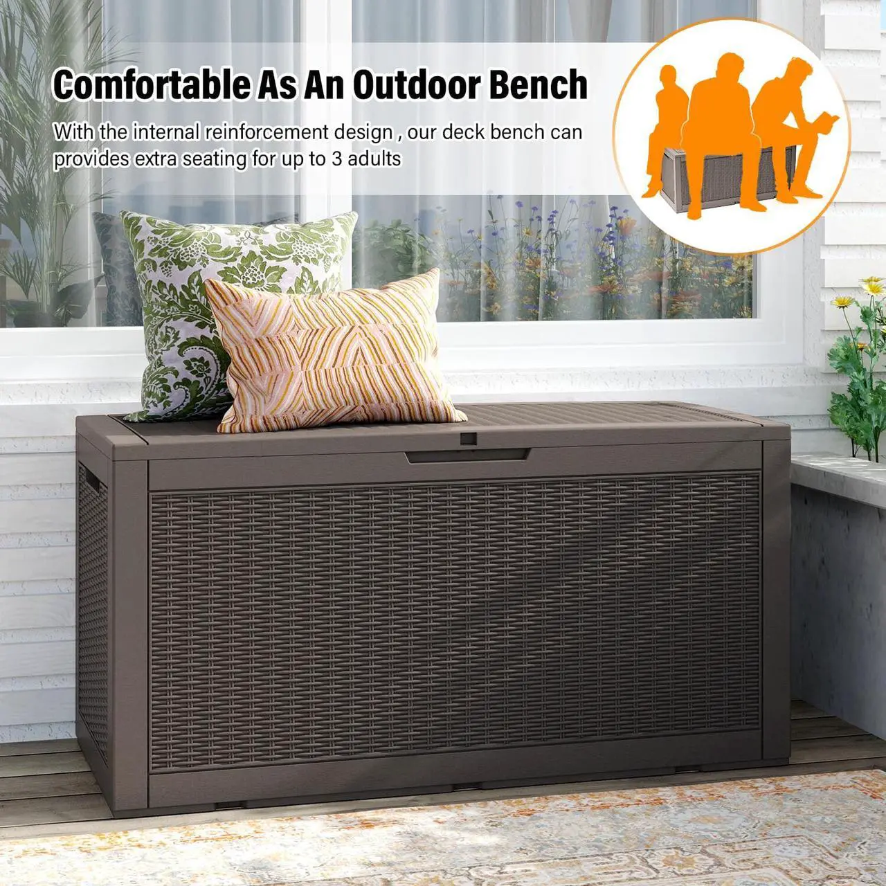 Alt view image 4 of 7 - 100 Gallons Deck Box Storage Box Waterproof Outdoor Storage Box Bench with keyhole for Garden Pool Patio Storage,Tan