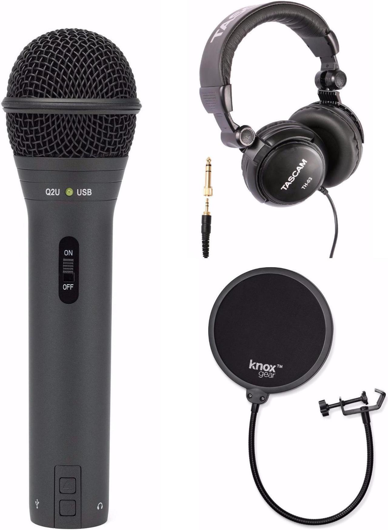 Main image of Samson Q2U Black Handheld Dynamic USB Microphone with Pop Filter and Headphones