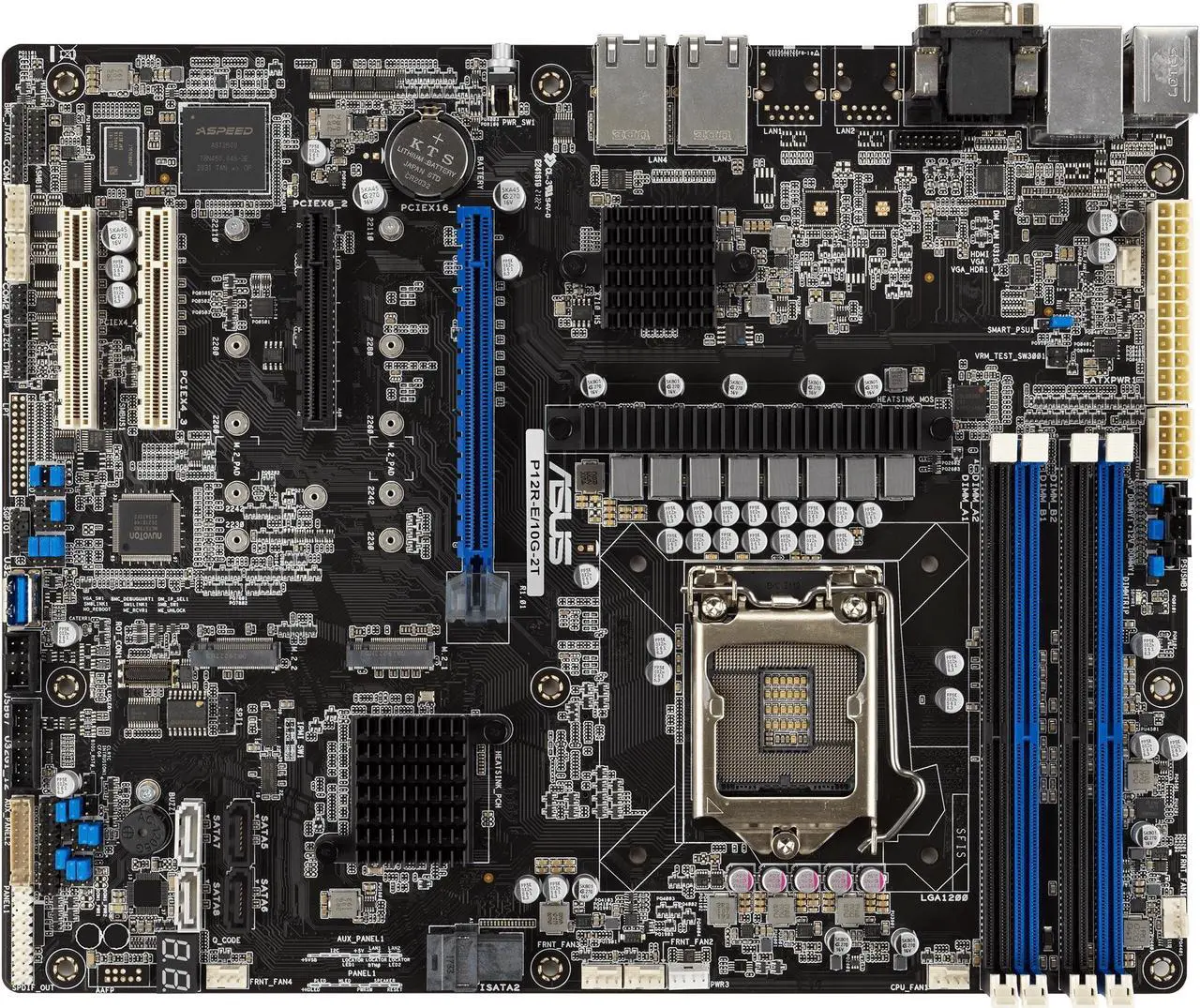 Main image of Intel® Xeon® E-2300 LGA 1200 ATX server motherboard with four DIMM and dual M.2 slots, plus dual 10G LAN, eight SATA, one HDMI, two PCIe 4.0 slots, two USB 3.2 Gen 2.