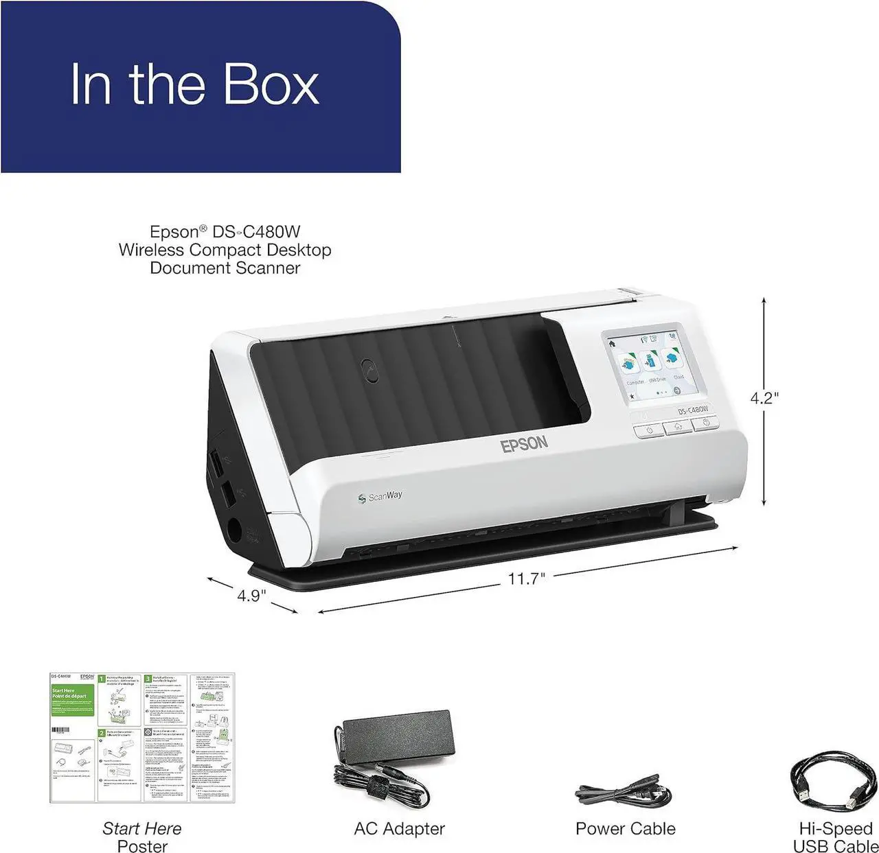 Alt view image 3 of 3 - Epson DS-C480W Sheetfed Scanner - 600 dpi Optical - 10-bit Color - 30 ppm (Mono) - 30 ppm (Color) - Duplex Scanning - US Desktop Document Scanner with Auto Document Feeder (ADF) ModelB11B269202
