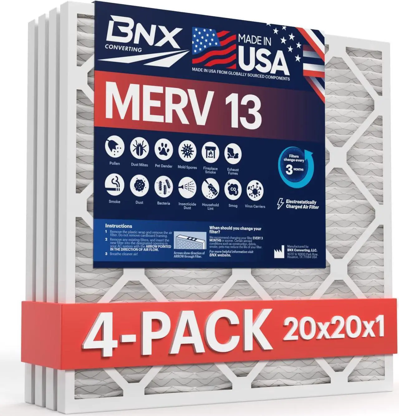 Main image of BNX 20x20x1 MERV 13 Air Filter 4 Pack - MADE IN USA - Electrostatic Pleated Air Conditioner HVAC AC Furnace Filters - Removes Pollen, Mold, Bacteria