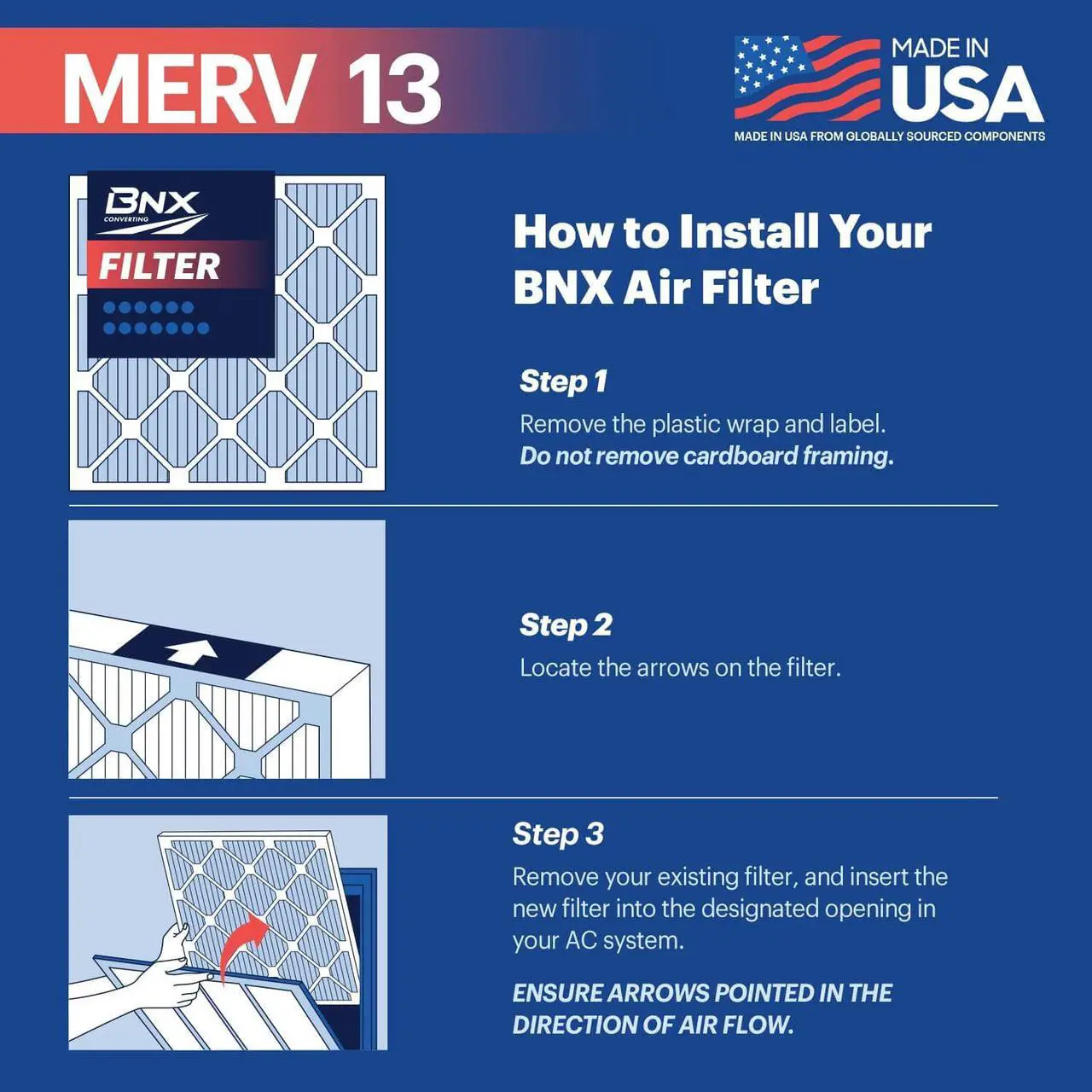 Alt view image 5 of 7 - BNX 16x20x1 MERV 13 Air Filter 4 Pack - MADE IN USA - Electrostatic Pleated Air Conditioner HVAC AC Furnace Filters - Removes Pollen, Mold, Bacteria