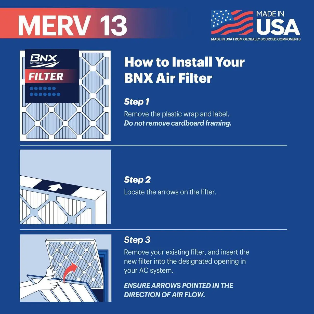 Alt view image 5 of 7 - BNX 14x25x1 MERV 13 Air Filter 4 Pack - MADE IN USA - Electrostatic Pleated Air Conditioner HVAC AC Furnace Filters - Removes Pollen, Mold, Bacteria