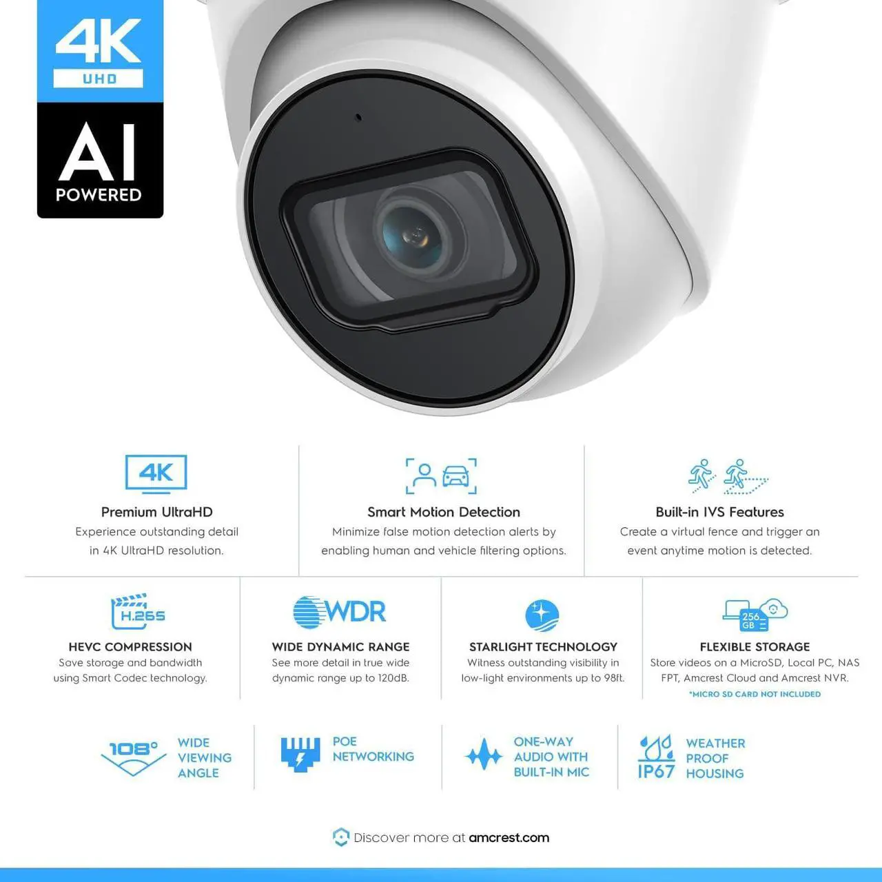 Alt view image 2 of 7 - Amcrest 4K POE Camera AI Human/Vehicle Detection, UltraHD 8MP Outdoor Security Turret POE IP Camera, 3840x2160, Wide Angle, IP67 Weatherproof, Built in Mic, White (IP8M-T2669EW-AI) (Refurbished)