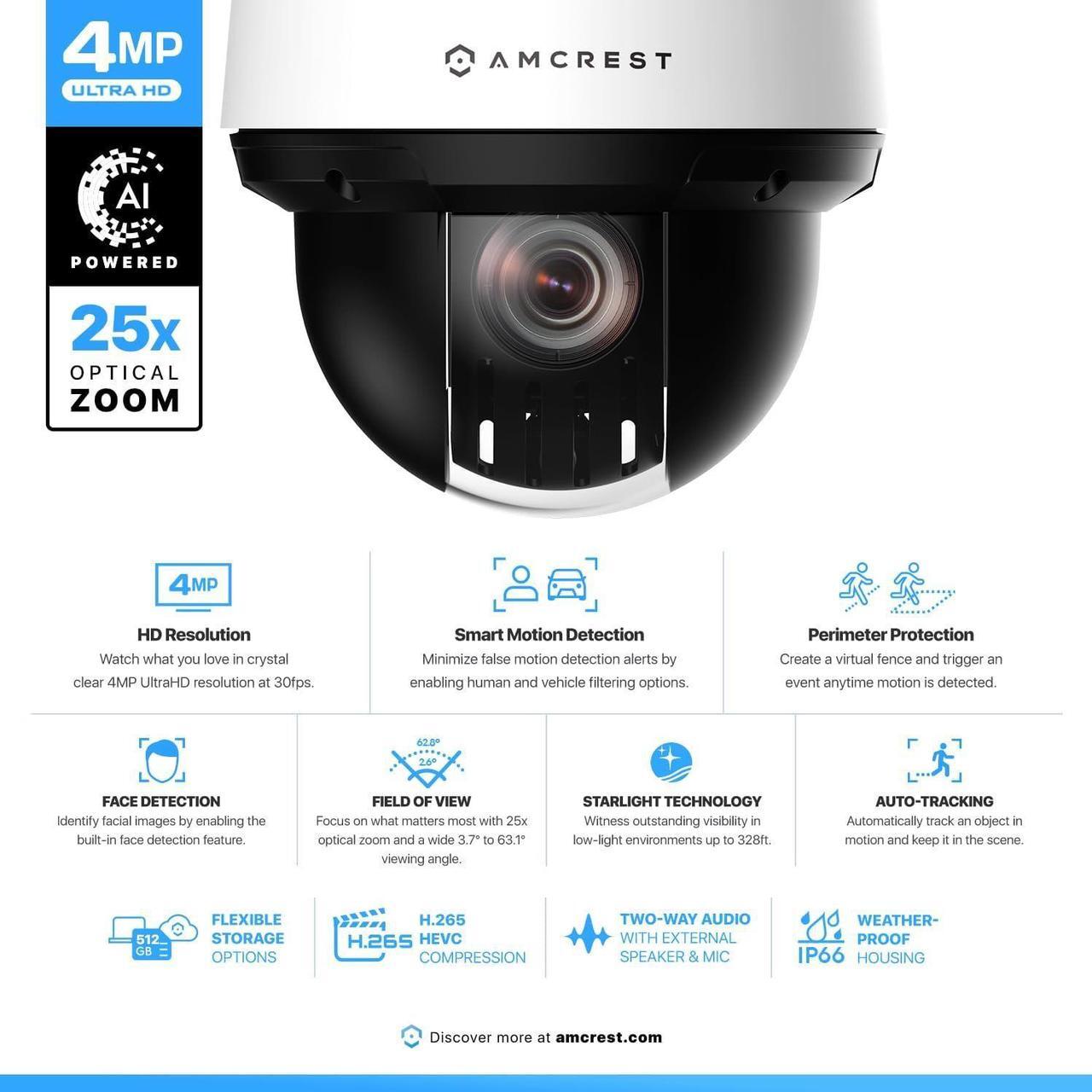 Alt view image 2 of 7 - Amcrest 4MP Outdoor PTZ POE + AI IP Camera Pan Tilt Zoom (Optical 25x Motorized) Security Speed Dome, Human and Vehicle Detection, IVS, Face Detection, Auto Tracking, POE+ (802.3at) IP4M-1068EW-AI