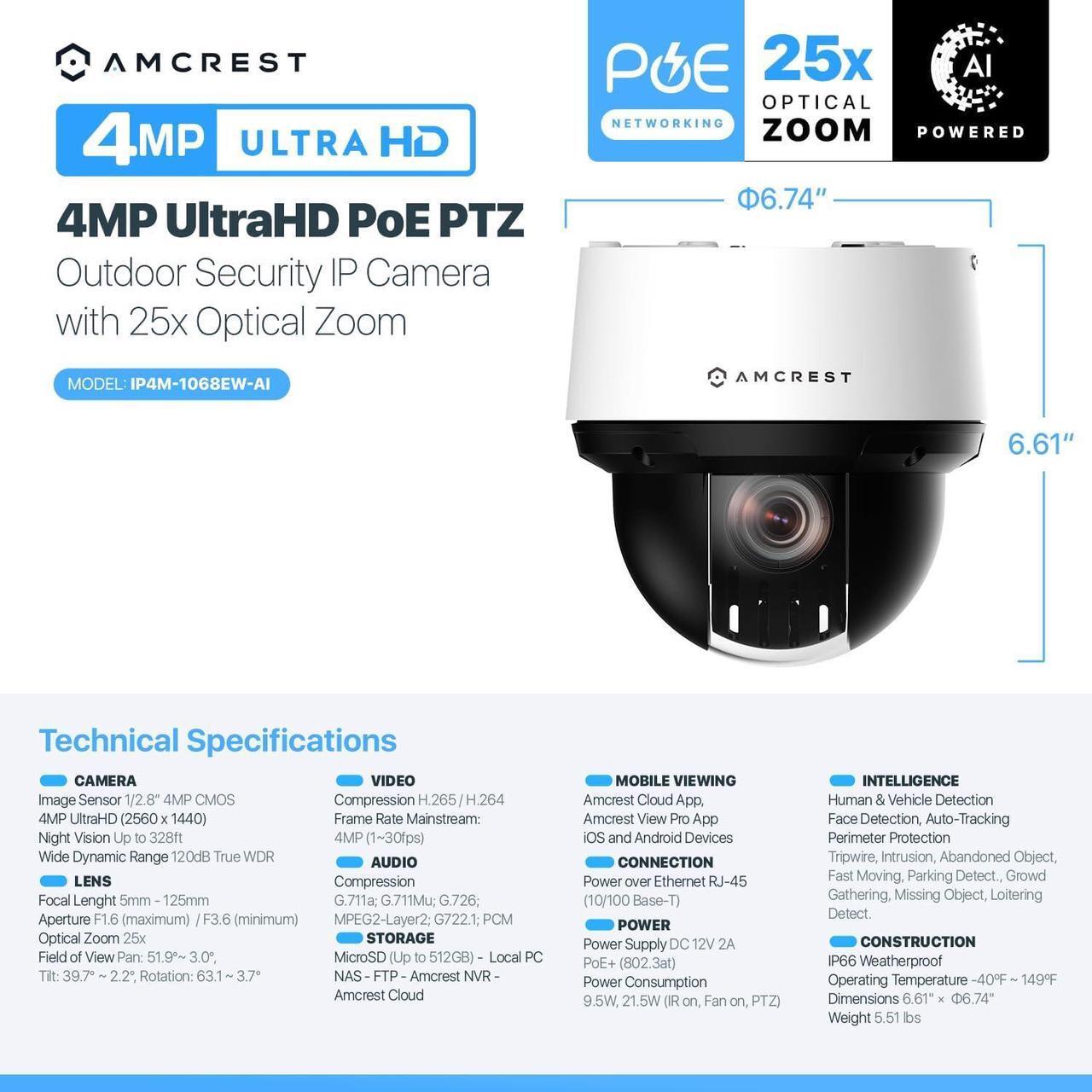 Alt view image 7 of 7 - Amcrest 4MP Outdoor PTZ POE + AI IP Camera Pan Tilt Zoom (Optical 25x Motorized) Security Speed Dome, Human and Vehicle Detection, IVS, Face Detection, Auto Tracking, POE+ (802.3at) IP4M-1068EW-AI