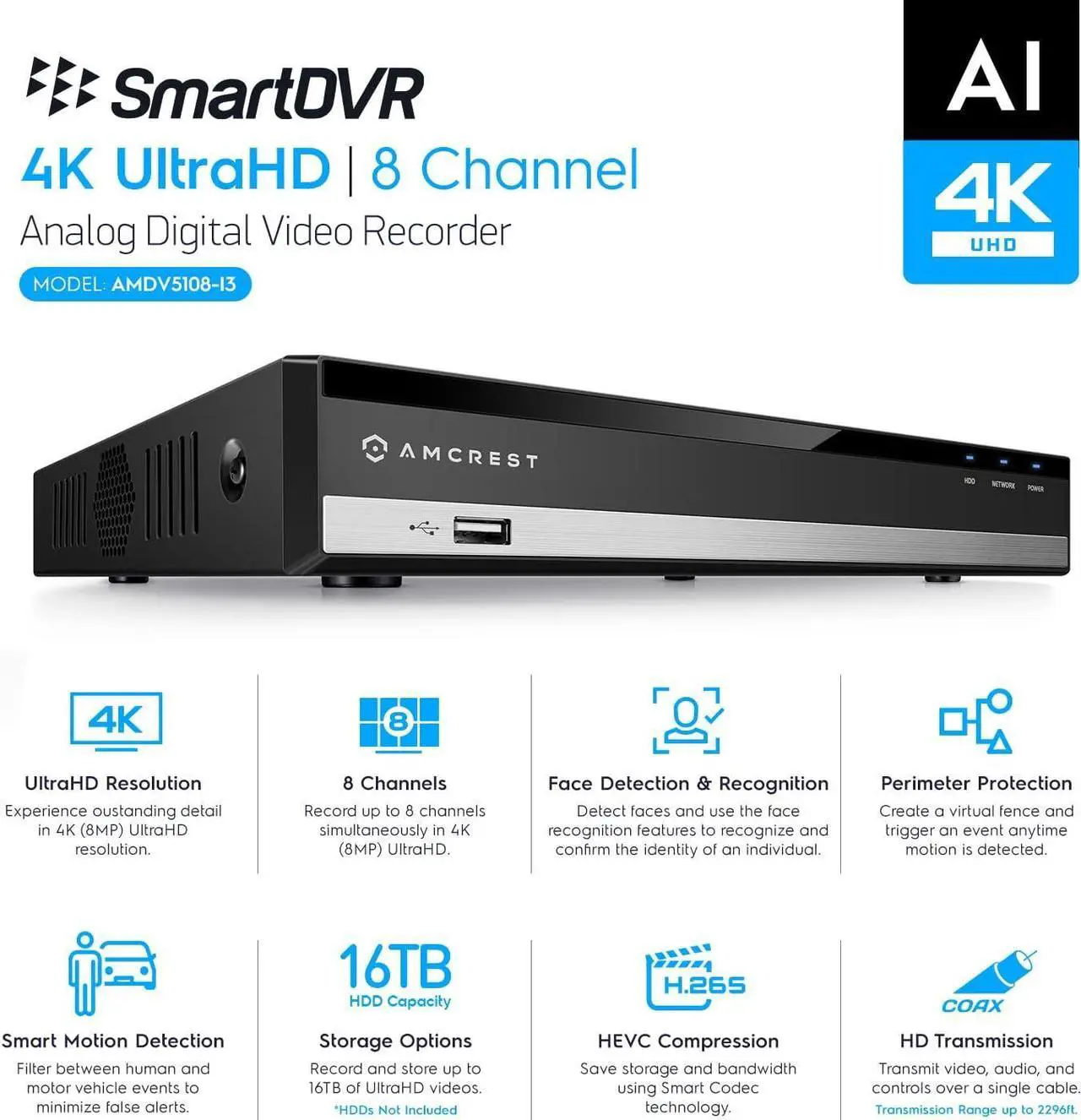 Alt view image 2 of 7 - Amcrest 4K UltraHD 8 Channel AI DVR Security Camera System Recorder, 8MP Security DVR for Analog Security Cameras & Amcrest IP Cameras, AI Smart DVR, Pre-Installed 2TB HDD (AMDV5108-2TB)