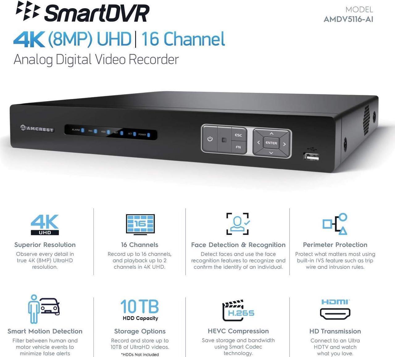 Alt view image 2 of 6 - Amcrest 4K UltraHD 16 Channel AI DVR Security Camera System Recorder, 8MP Security DVR for Analog Security Cameras & Amcrest IP Cameras, AI Smart DVR, HDD & Cameras NOT Included (AMDV5116-I3)