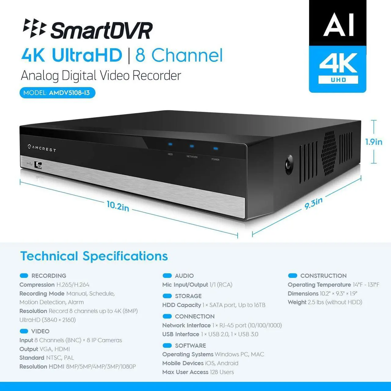 Alt view image 7 of 7 - Amcrest 4K UltraHD 8 Channel AI DVR Security Camera System Recorder, 8MP Security DVR for Analog Security Cameras & Amcrest IP Cameras, AI Smart DVR, Pre-Installed 2TB HDD (AMDV5108-2TB)