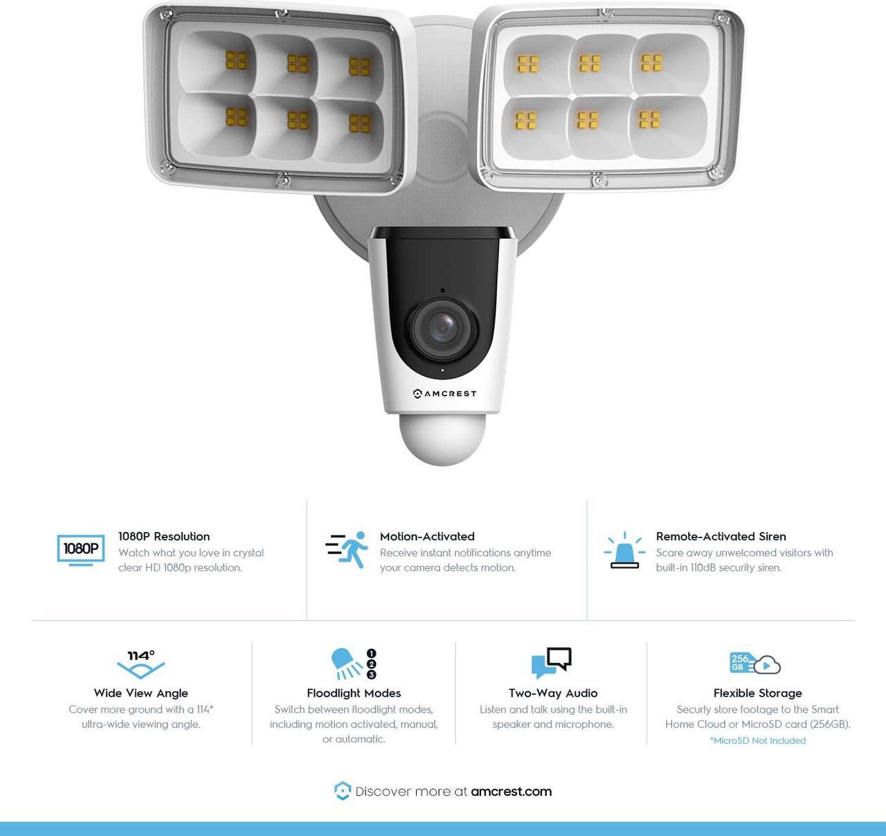 Alt view image 2 of 15 - Amcrest SmartHome 1080p WiFi Outdoor Security Camera with Floodlight, Built-in Siren Alarm, 2000lm Floodlight, Two-Way Audio, 114° View, IP65 Weatherproof, MicroSD & Smart Cloud Storage, ASH26-W