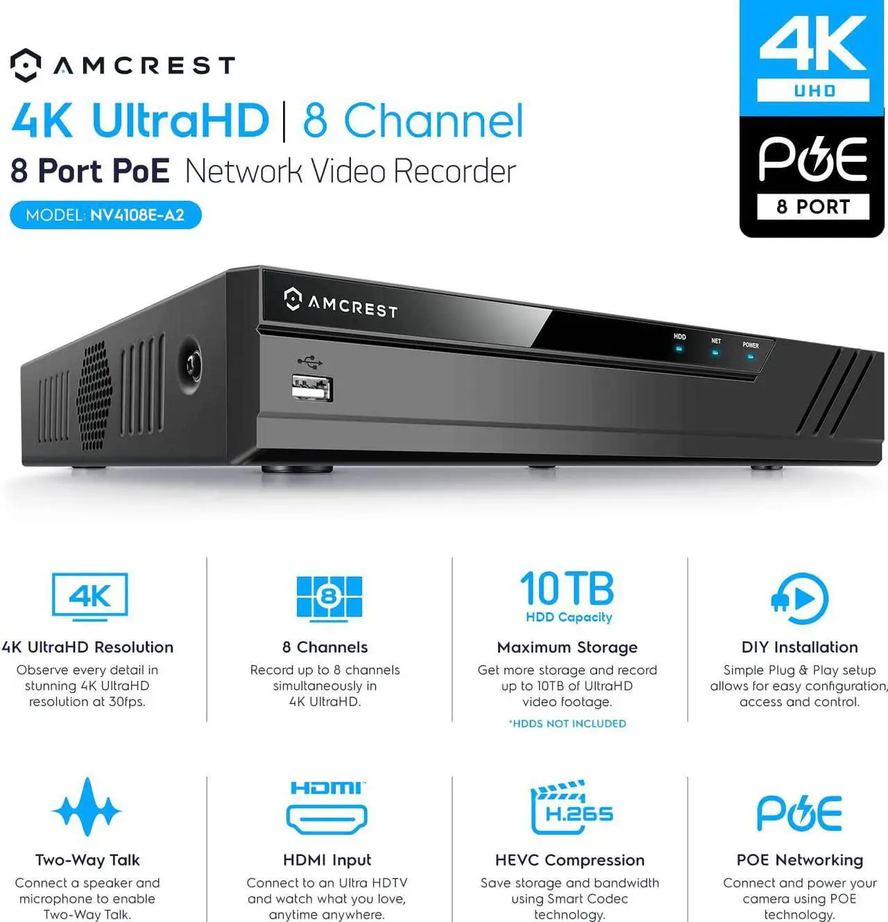 Alt view image 2 of 7 - Amcrest NV4108E-A2 4K 8CH POE NVR (1080p/3MP/4MP/5MP/8MP) POE Network Video Recorder - Supports up to 8 x 8MP/4K IP Cameras, 8-Channel Power Over Ethernet Supports up to 10TB HDD (Not Included)