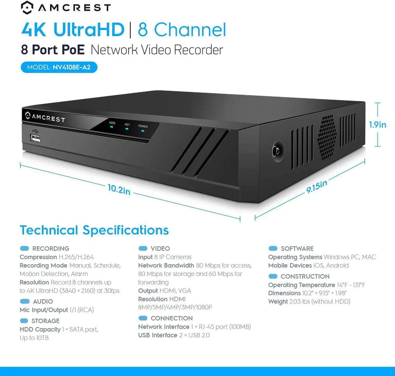 Alt view image 7 of 7 - Amcrest NV4108E-A2 4K 8CH POE NVR (1080p/3MP/4MP/5MP/8MP) POE Network Video Recorder - Supports up to 8 x 8MP/4K IP Cameras, 8-Channel Power Over Ethernet Supports up to 10TB HDD (Not Included)