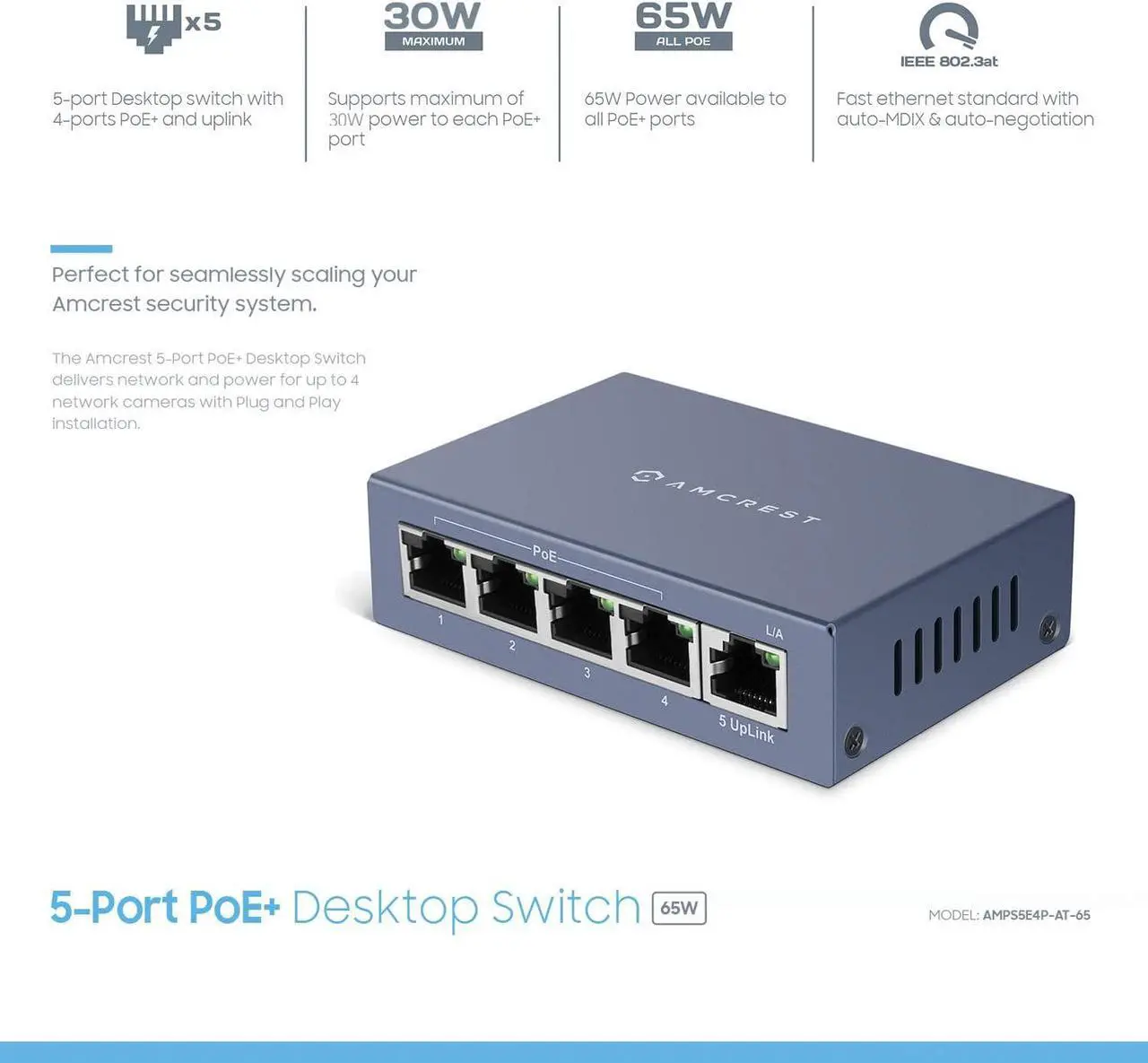 Alt view image 3 of 4 - Amcrest AMPS5E4P-At-65 5-Port PoE+ Power Over Ethernet Poe Switch