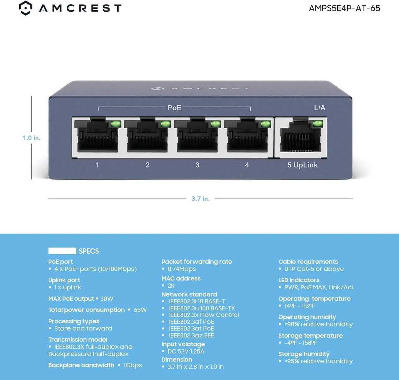 Alt view image 4 of 4 - Amcrest AMPS5E4P-At-65 5-Port PoE+ Power Over Ethernet Poe Switch